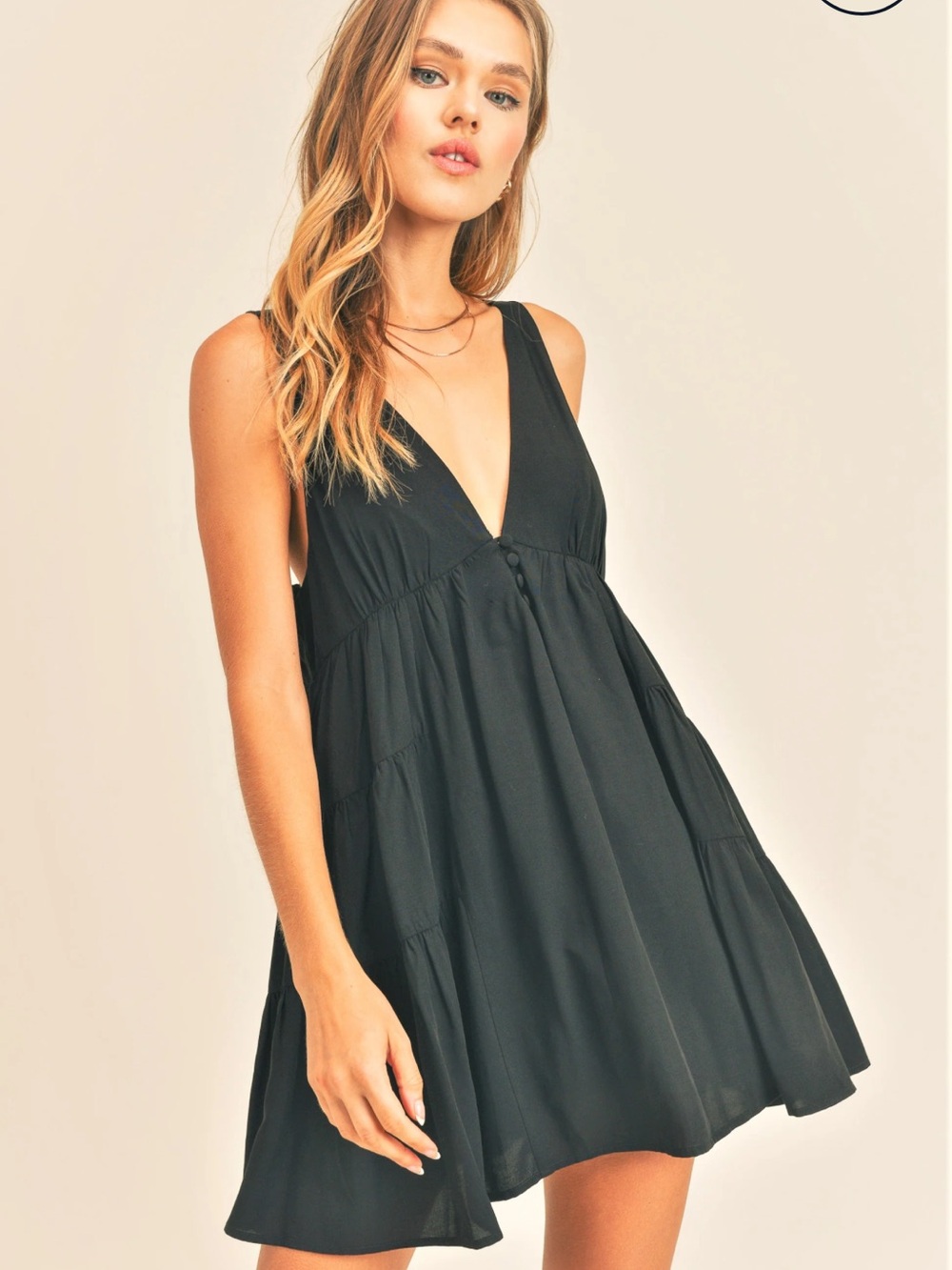 Sleeveless Black V-Neck Tiered Mini Dress